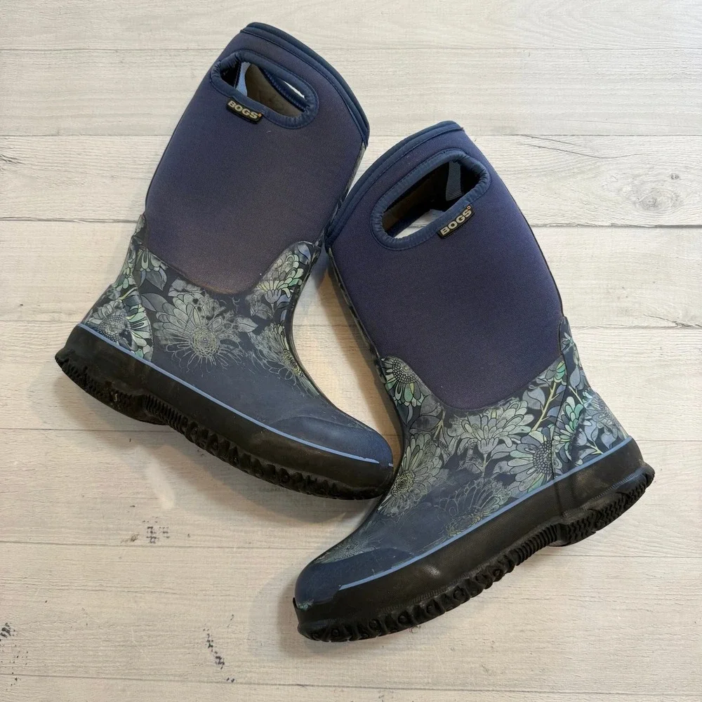BOGS girls navy teal floral snow boots kids size‎ 2